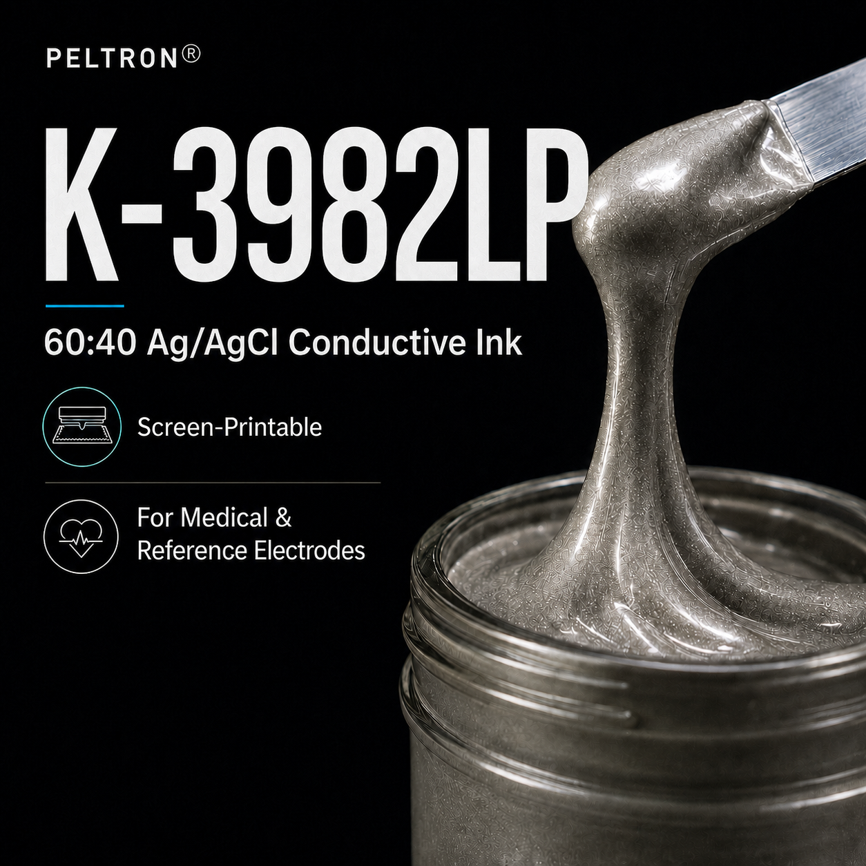 PELTRON K-3982LP 60:40 Ag/AgCl conductive ink showing the metallic screen-printable paste being lifted from a container.