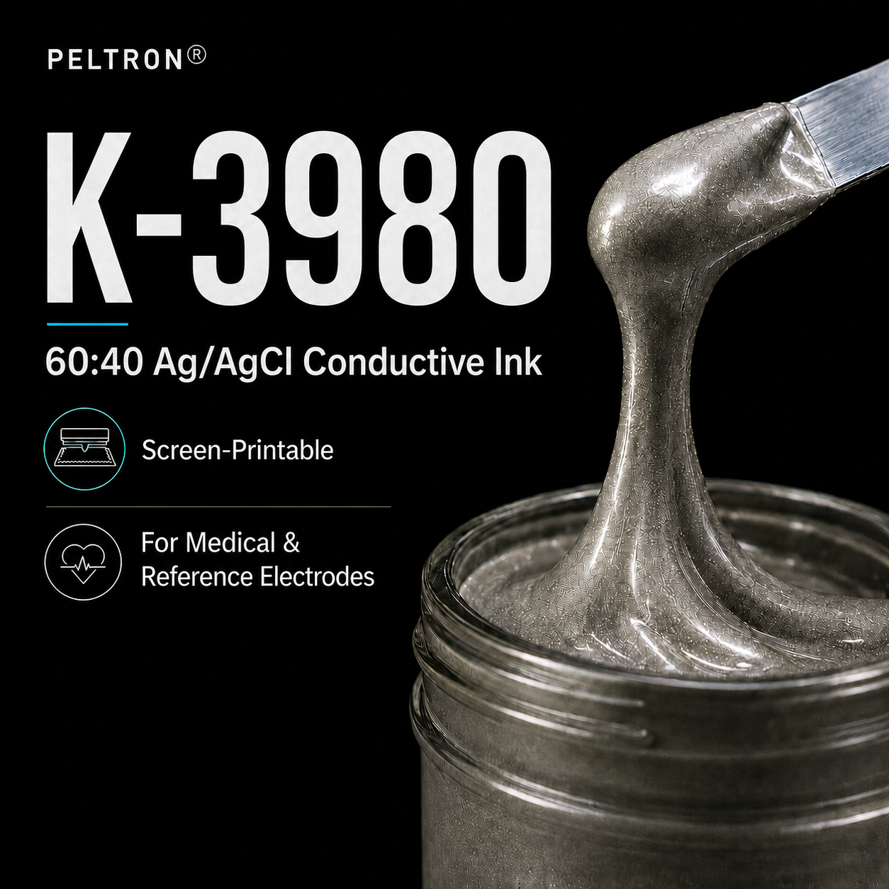 PELTRON K-3980 60:40 Ag/AgCl conductive ink showing the metallic screen-printable paste being lifted from a container.