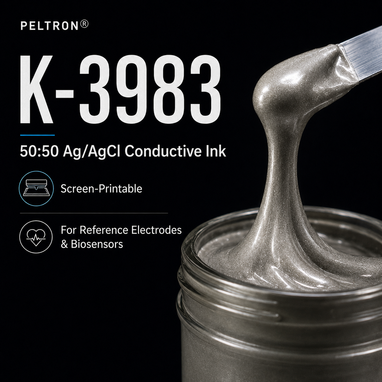 PELTRON K-3983 50:50 Ag/AgCl conductive ink shown as a metallic paste for screen-printed reference electrodes and sensors.